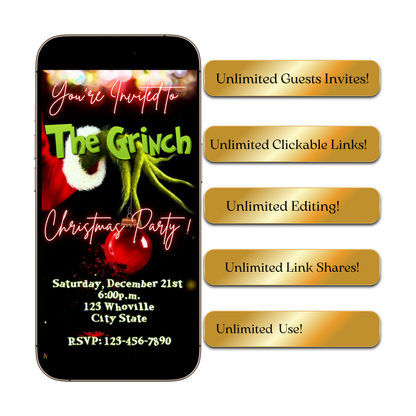 The Grinch Video Invitation | Digital Christmas Invite | Editable Canva Template