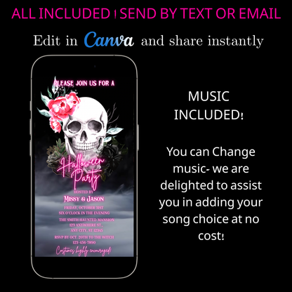 Halloween-Videoeinladung, animierte Einladung mit rosa Totenkopf, bearbeitbare mobile Einladung zur Halloween-Party