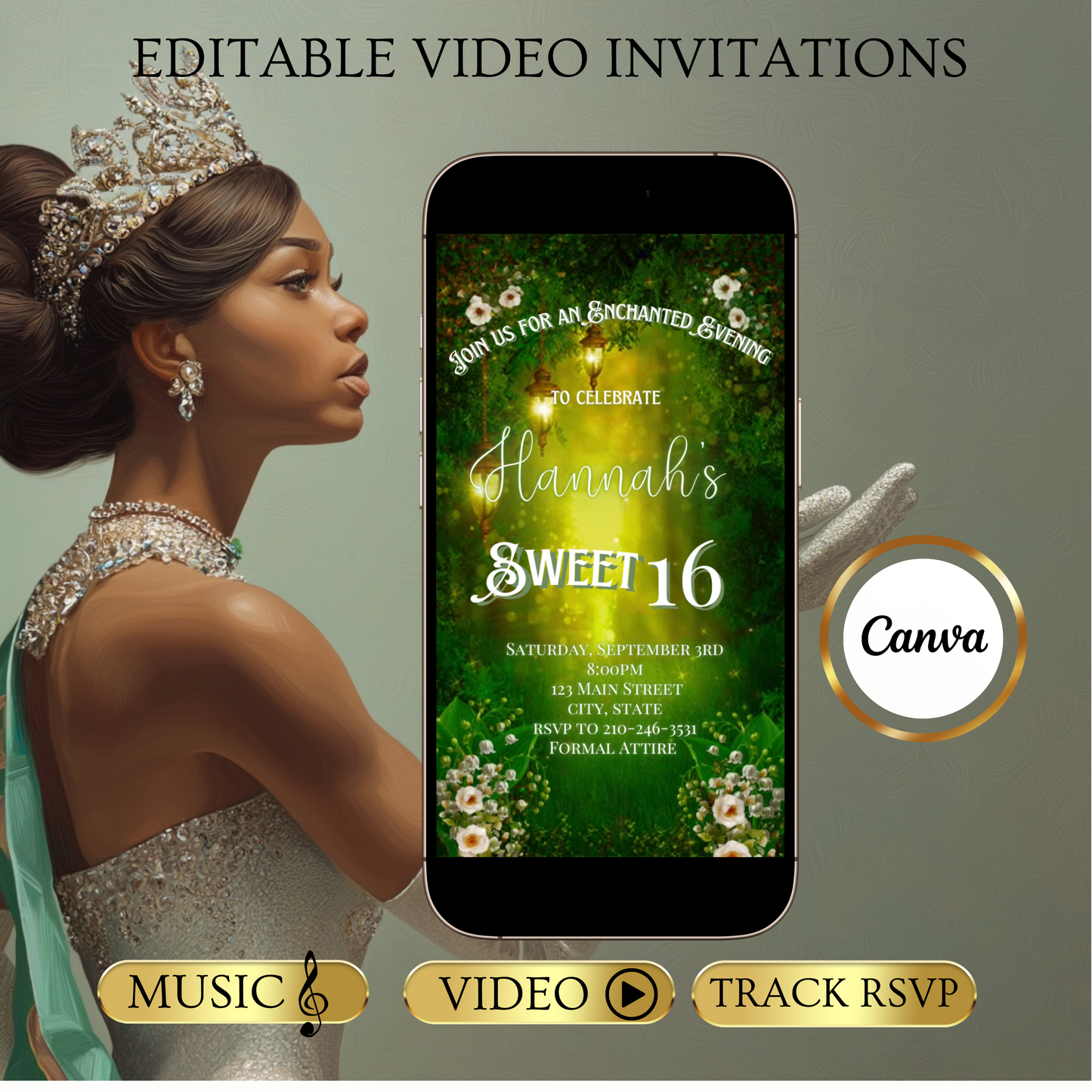 Enchanted Forest Video Invite | Animated Sweet 15 16 Save the Date Evite | Editable Canva Evite Template