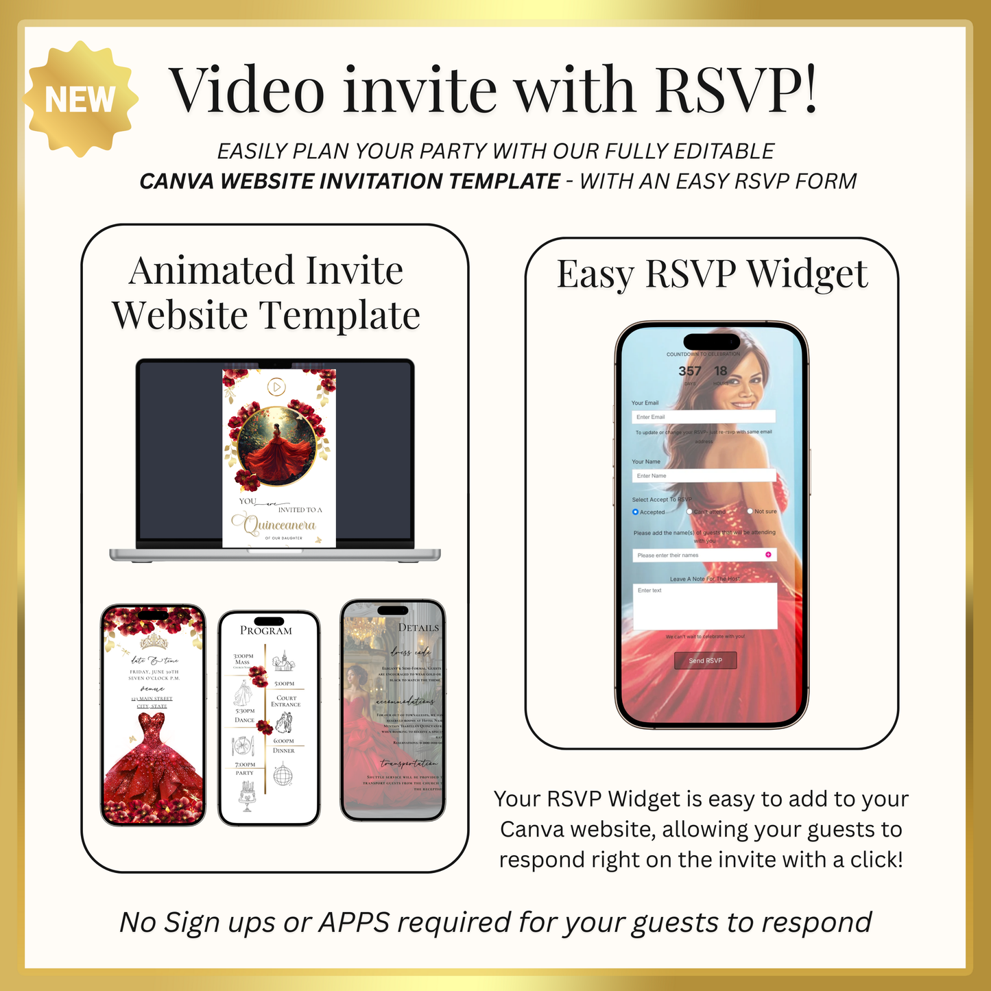 Red Quinceanera mini-Website RSVP tracker| Animated Sweet 15 16 Video Invitation | Canva Template