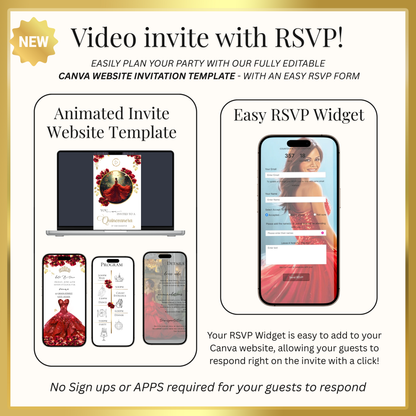 Red Quinceanera mini-Website RSVP tracker| Animated Sweet 15 16 Video Invitation | Canva Template