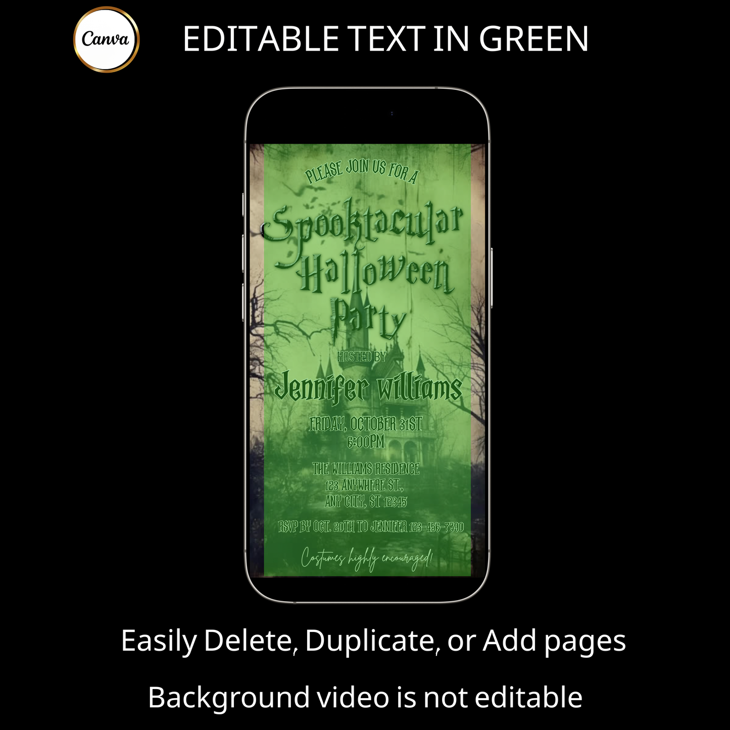 Halloween-Videoeinladung, animierte Halloween-Einladung mit Gruselmotiv, bearbeitbare mobile Einladung zur Halloween-Party