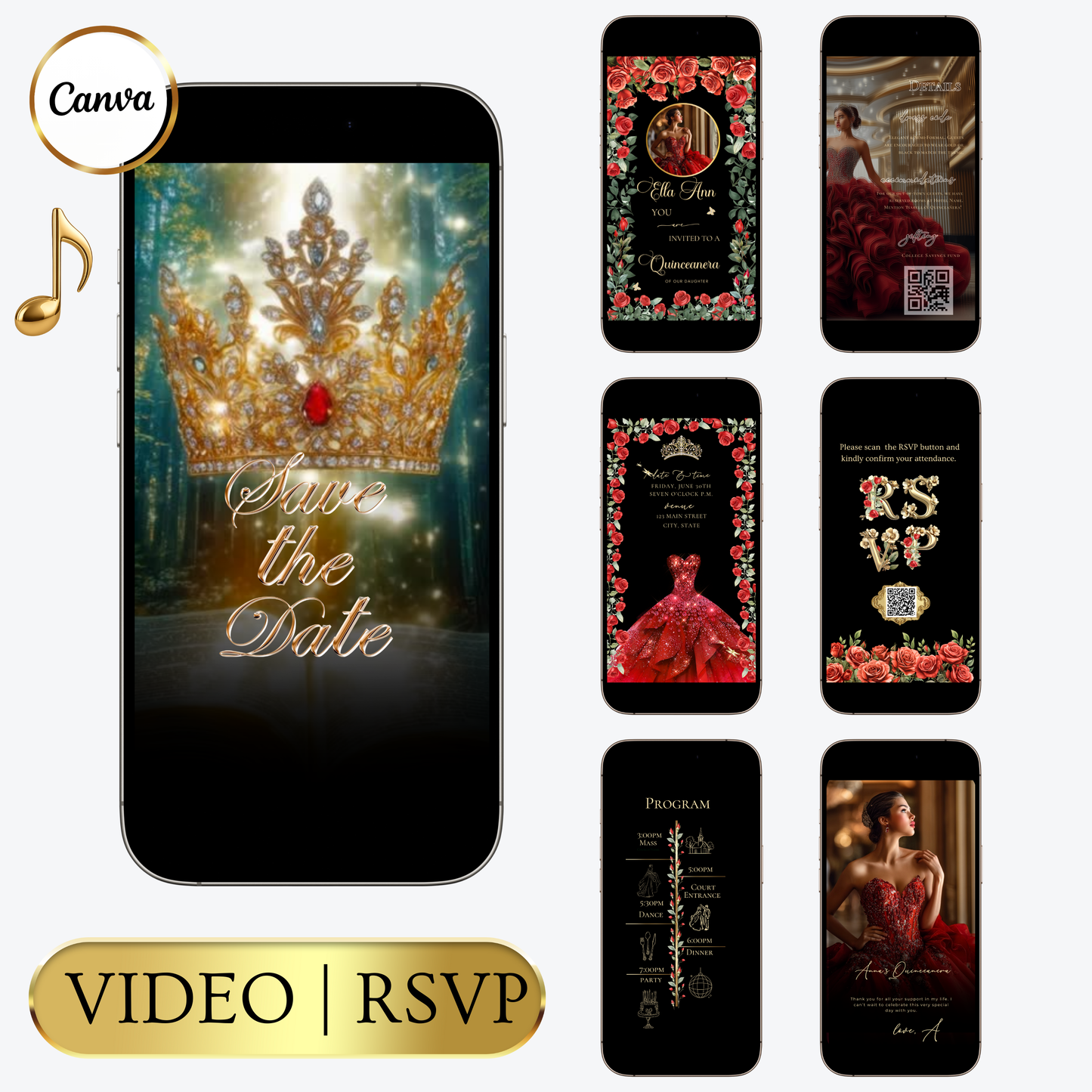 Videoeinladung zur Quinceañera mit roten Rosen | Digitale Einladung zum 15. Geburtstag | Bearbeitbare Canva-Vorlage