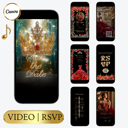 Videoeinladung zur Quinceañera mit roten Rosen | Digitale Einladung zum 15. Geburtstag | Bearbeitbare Canva-Vorlage