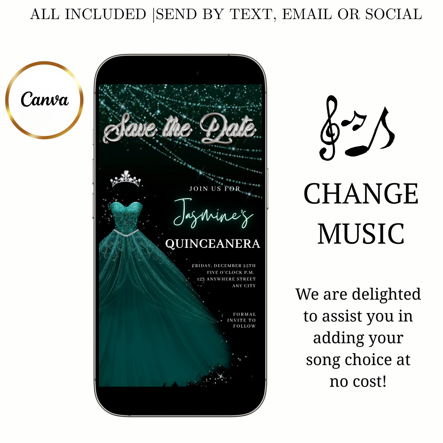 Teal Green Quinceanera Video Invite | Sweet 15 16 Quince RSVP Tracker | Editable Save the Date Canva Evite Template