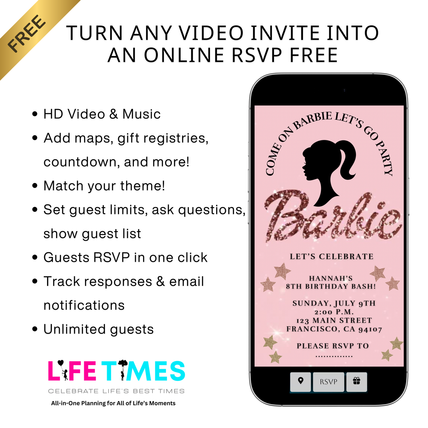 Bearbeitbare Barbie-Videoeinladung | Animierte digitale Einladung mit pinkfarbener Barbie | Bearbeitbare Canva-Einladungsvorlage