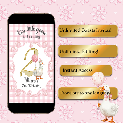 Videoeinladung zur Pink Silly Goose Party | Digitale Einladung zum 1. Geburtstag für Mädchen | Bearbeitbare Canva-Vorlage