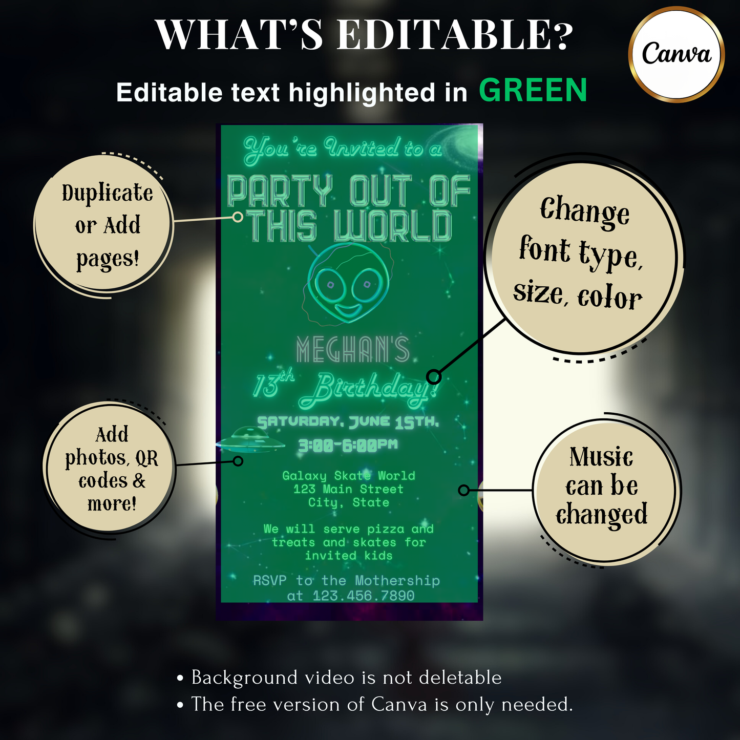 Party Out of This World Alien Birthday Invitation | Mobile Animated Alien Invite | Editable Canva Template