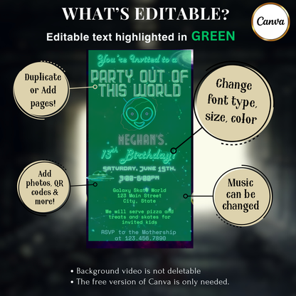 Party Out of This World Alien Birthday Invitation | Mobile Animated Alien Invite | Editable Canva Template