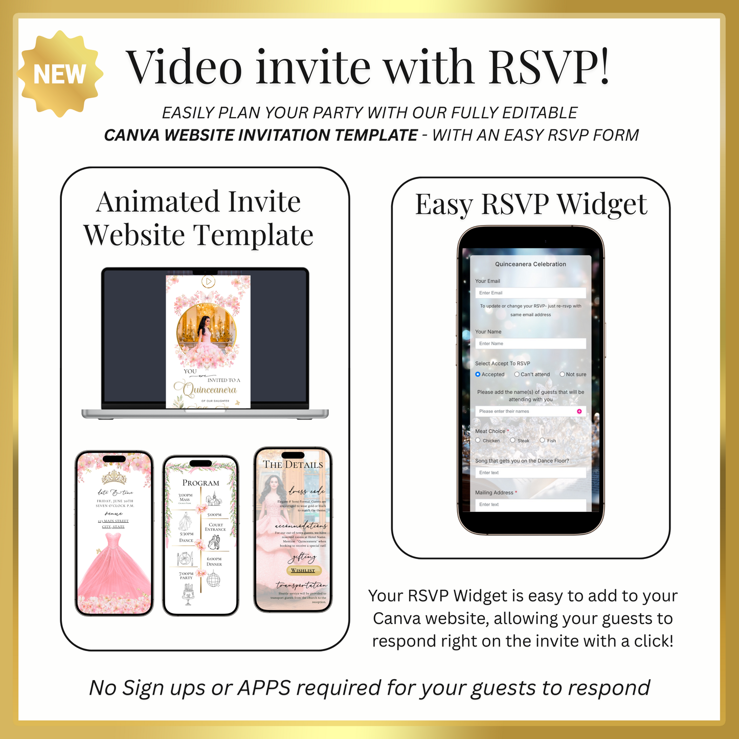 Pink Floral Quinceanera Website Invite |  Sweet 15 16 Evite RSVP Video Invitation | Canva Template