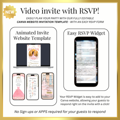 Pink Floral Quinceanera Website Invite |  Sweet 15 16 Evite RSVP Video Invitation | Canva Template
