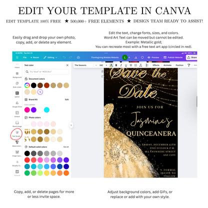 Gold Quinceanera Video Invite | Sweet 15 16 Quince RSVP Tracker | Editable Canva Evite Template