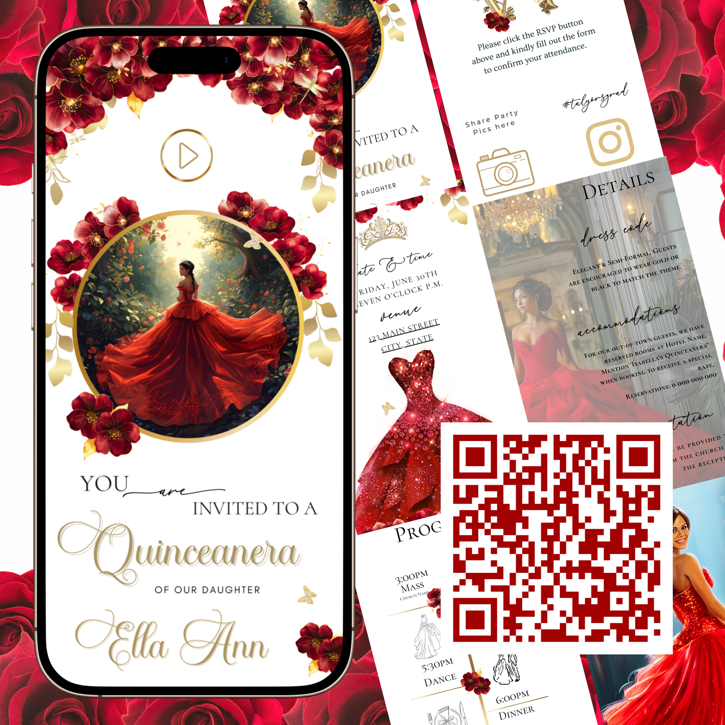 Red Quinceanera mini-Website RSVP tracker| Animated Sweet 15 16 Video Invitation | Canva Template