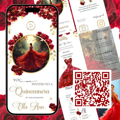 Red Quinceanera mini-Website RSVP tracker| Animated Sweet 15 16 Video Invitation | Canva Template