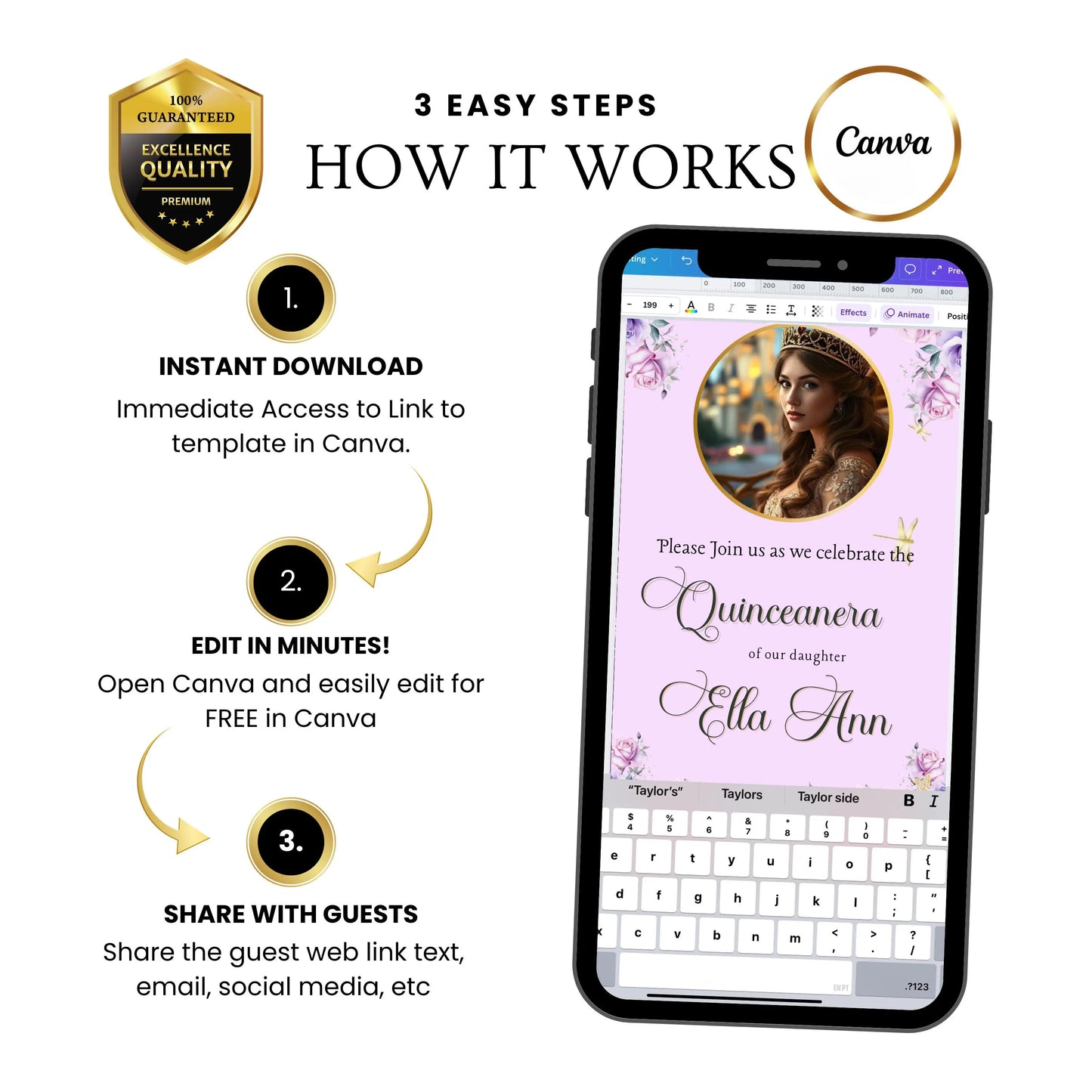 Lilac and Pink Quinceañera Video Invitation Canva Template with envelope opening