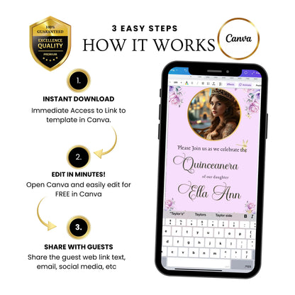 Lilac and Pink Quinceañera Video Invitation Canva Template with envelope opening