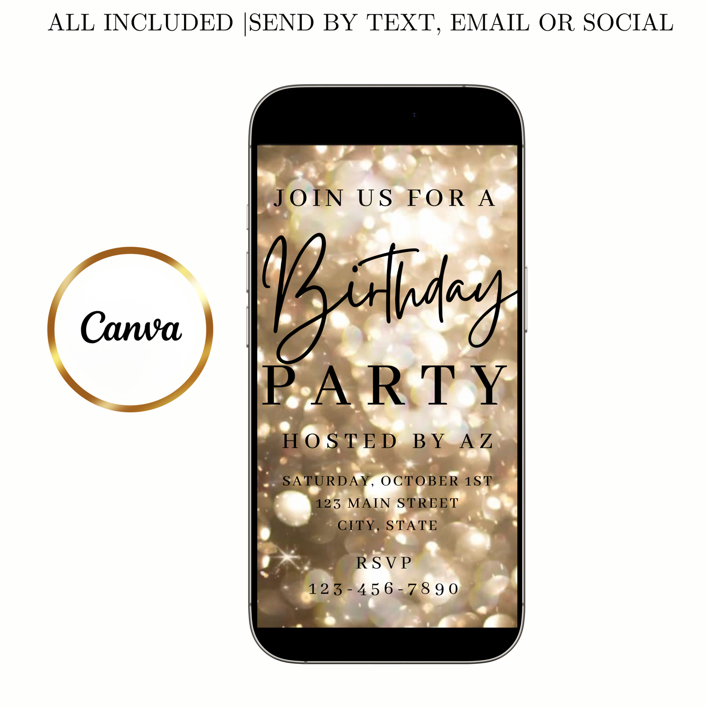 Gold Video Invitation | Animated Birthday Digital Evite | Editable Canva Invite Template