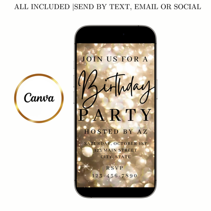 Gold Video Invitation | Animated Birthday Digital Evite | Editable Canva Invite Template