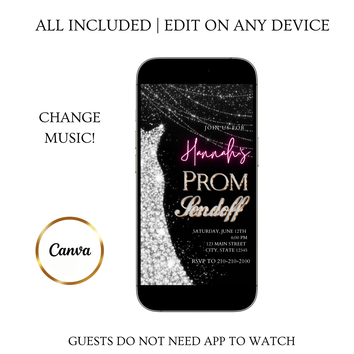 Silver Prom Send Off Video Invitation – Editable Canva Animated Invite
