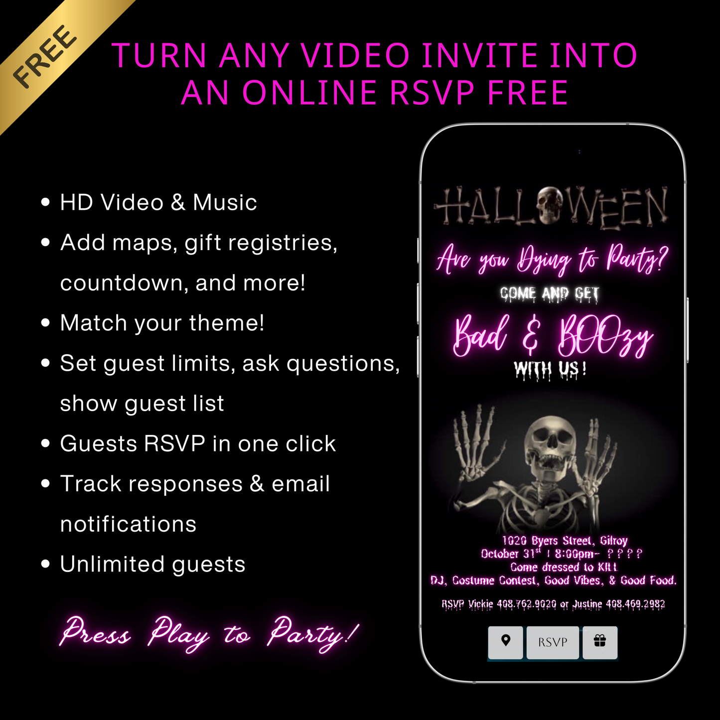 Halloween Video Invitation | Skeleton Animated Invite | Editable Halloween Bad and boozy Mobile Evite