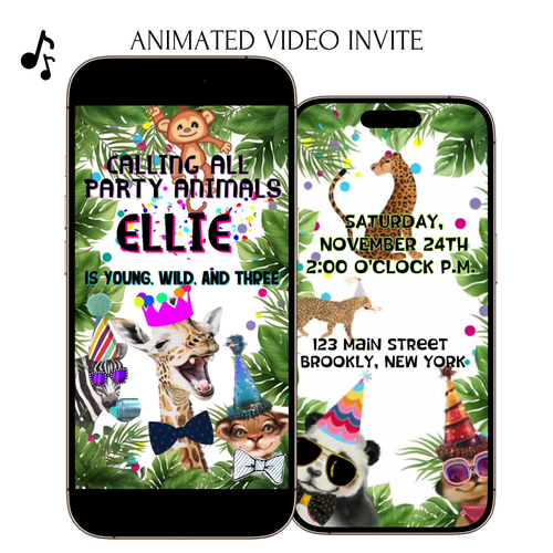Party Animals Video Invitation Template | Mobile Animated Invite Kids Birthday | Canva Video Evite Download