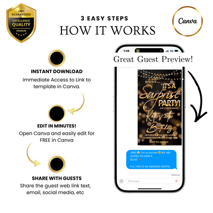 Surprise Birthday Video Invitation | Animated Gold Bokeh Digital Evite | Editable Canva Invite Template