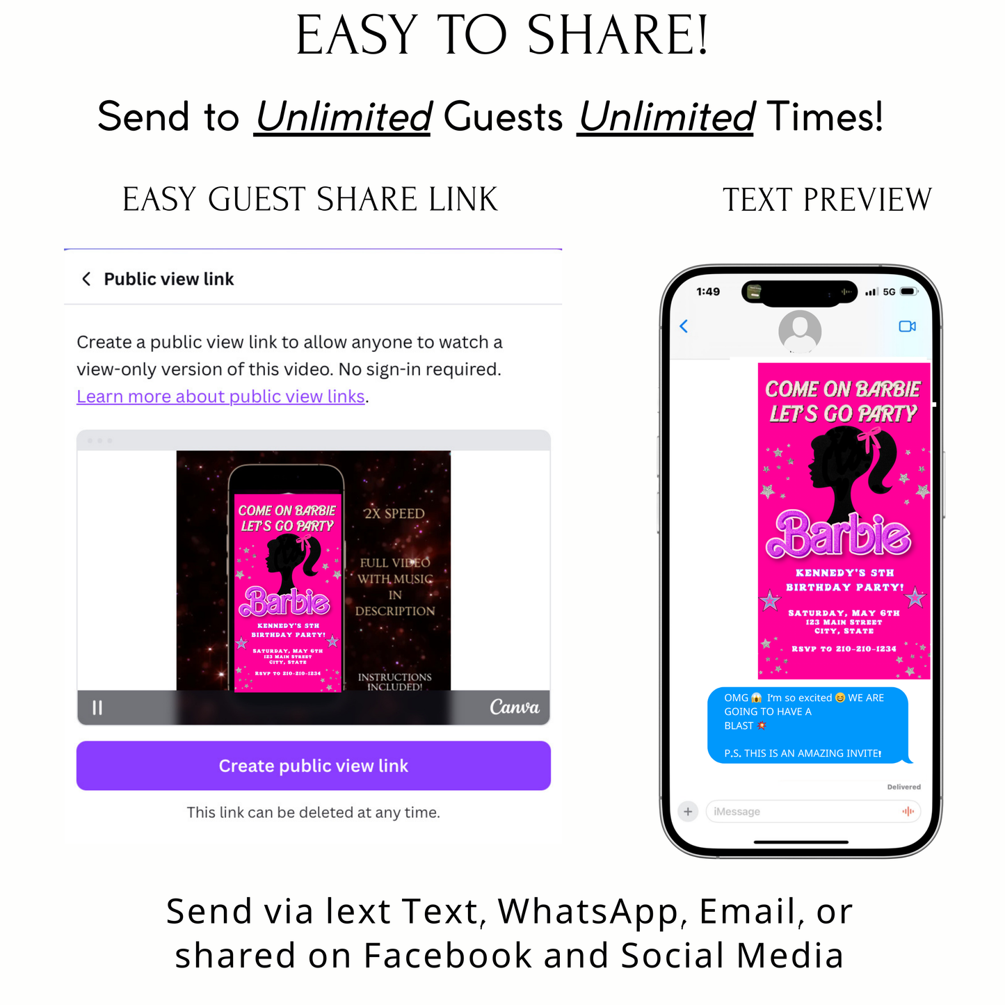 Editable Barbie Video Invitation | Animated Pink Barbie Digital Evite | Editable Canva Invite Template