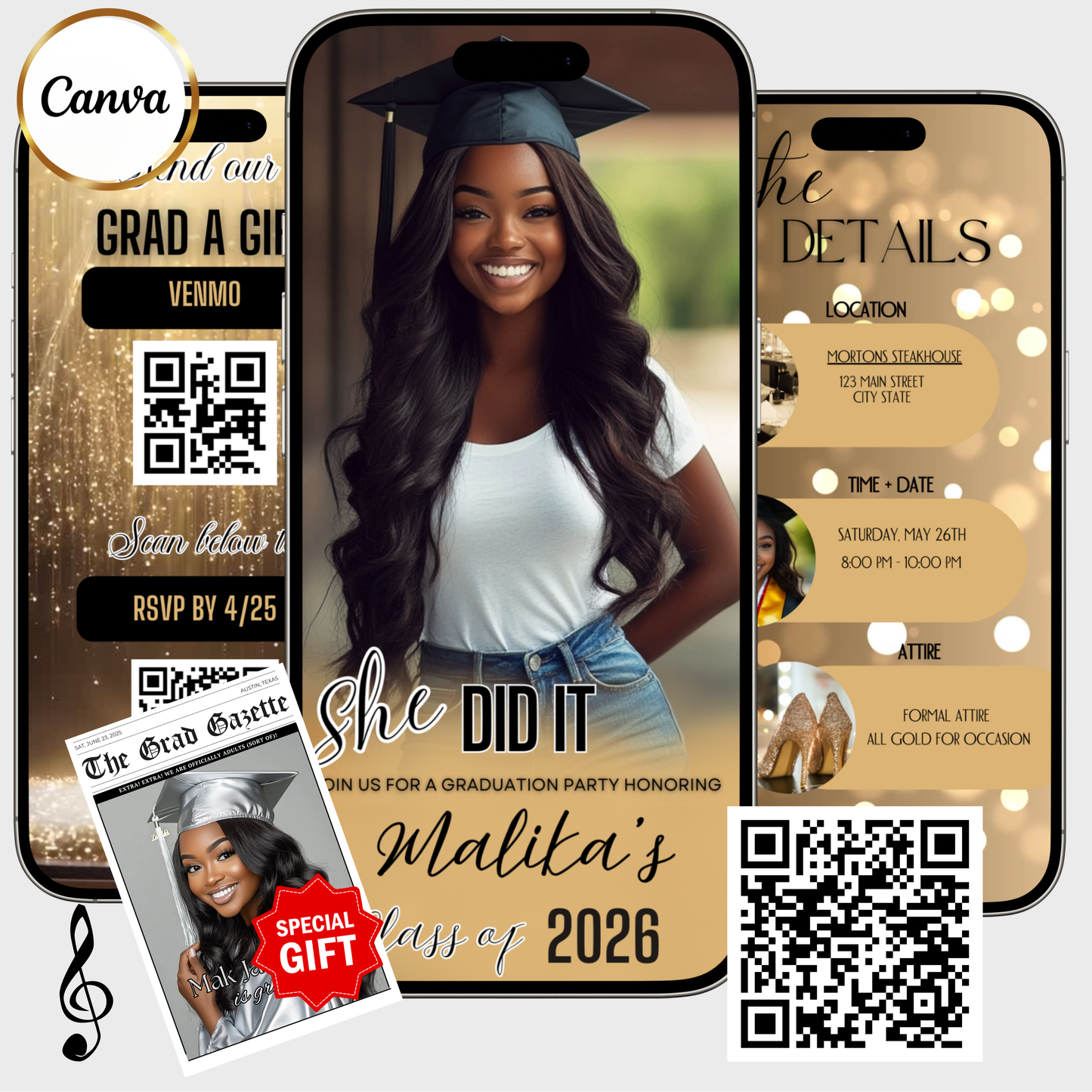 Gold Graduation Party Video Invitation | Digital Graduation Announcement Invite | Editable Canva Evite Template