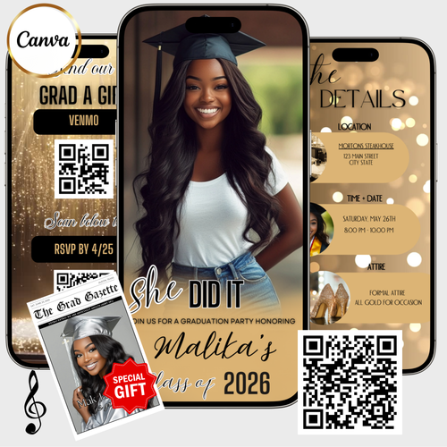 Gold Graduation Party Video Invitation | Digital Graduation Announcement Invite | Editable Canva Evite Template