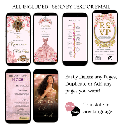 Quinceanera Video Invitation Website | Animated Sweet 15 Digital Evite | Editable Canva Invite Template