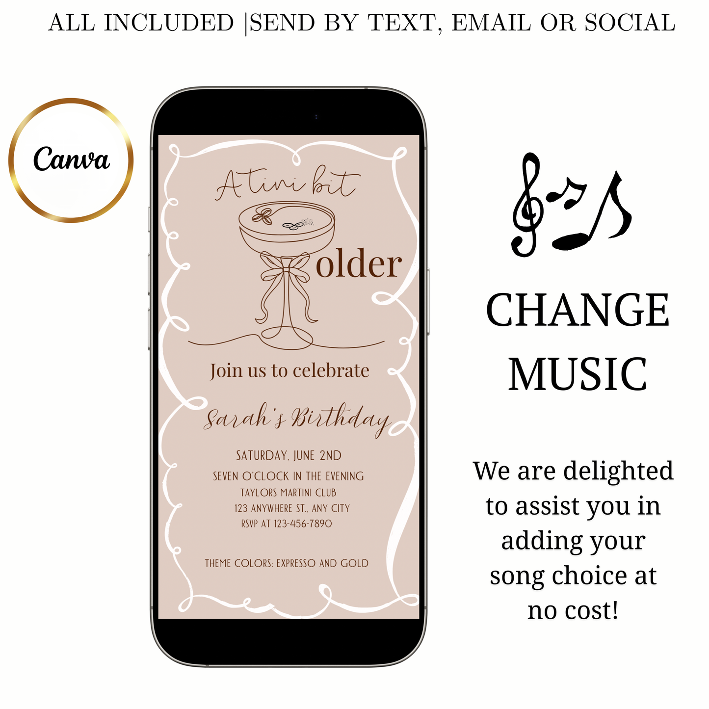 Martini Birthday Video Invitation | Animated A Tini Bit Older Digital Evite | Editable Canva Invite Template