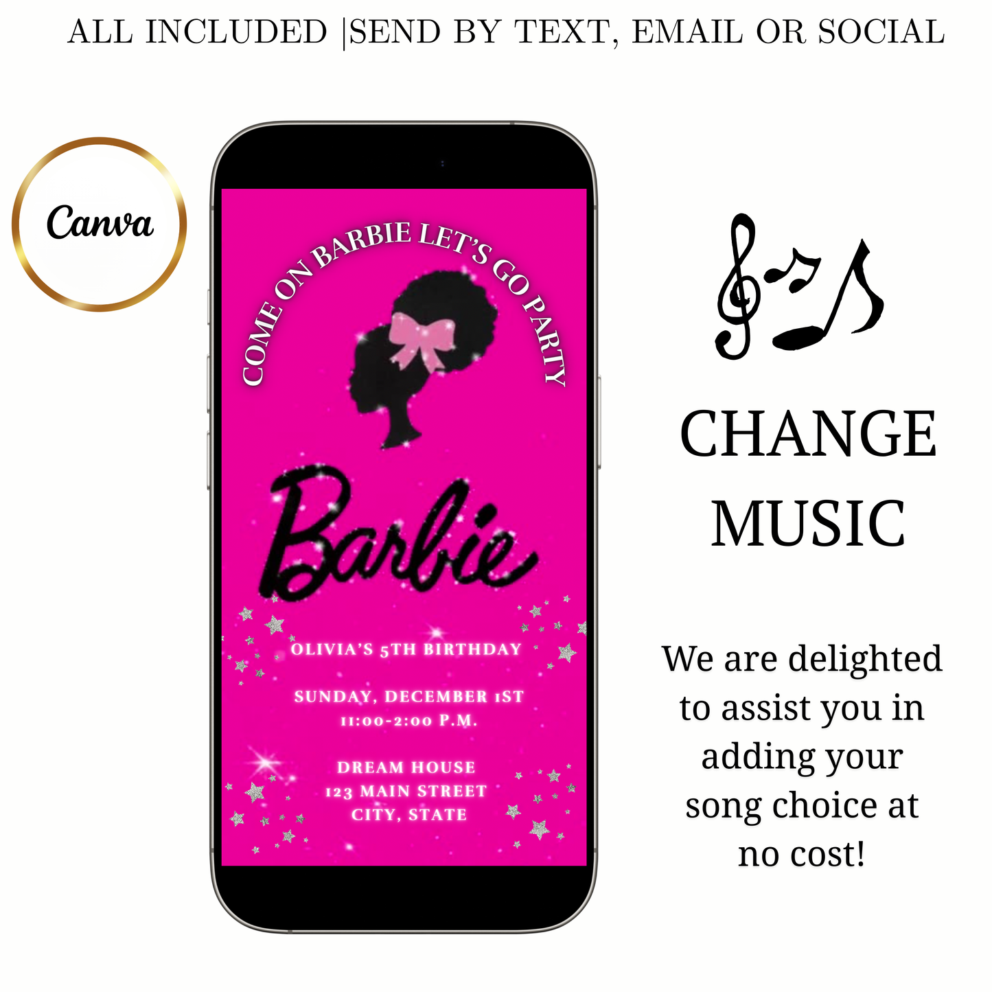 Editable Barbie Video Invitation | Animated Pink Barbie Digital Evite | Editable Canva Invite Template
