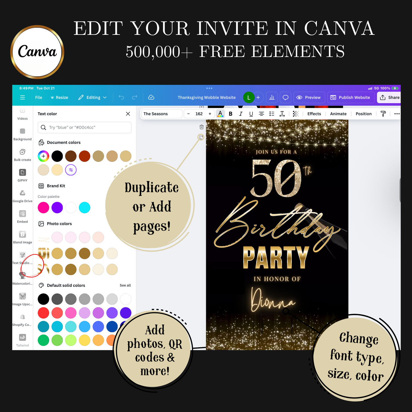 Videoeinladung zum 50. Geburtstag | Elegante digitale Champagner-Einladung (animiert) | Bearbeitbare Canva-Vorlage