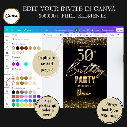 Videoeinladung zum 50. Geburtstag | Elegante digitale Champagner-Einladung (animiert) | Bearbeitbare Canva-Vorlage