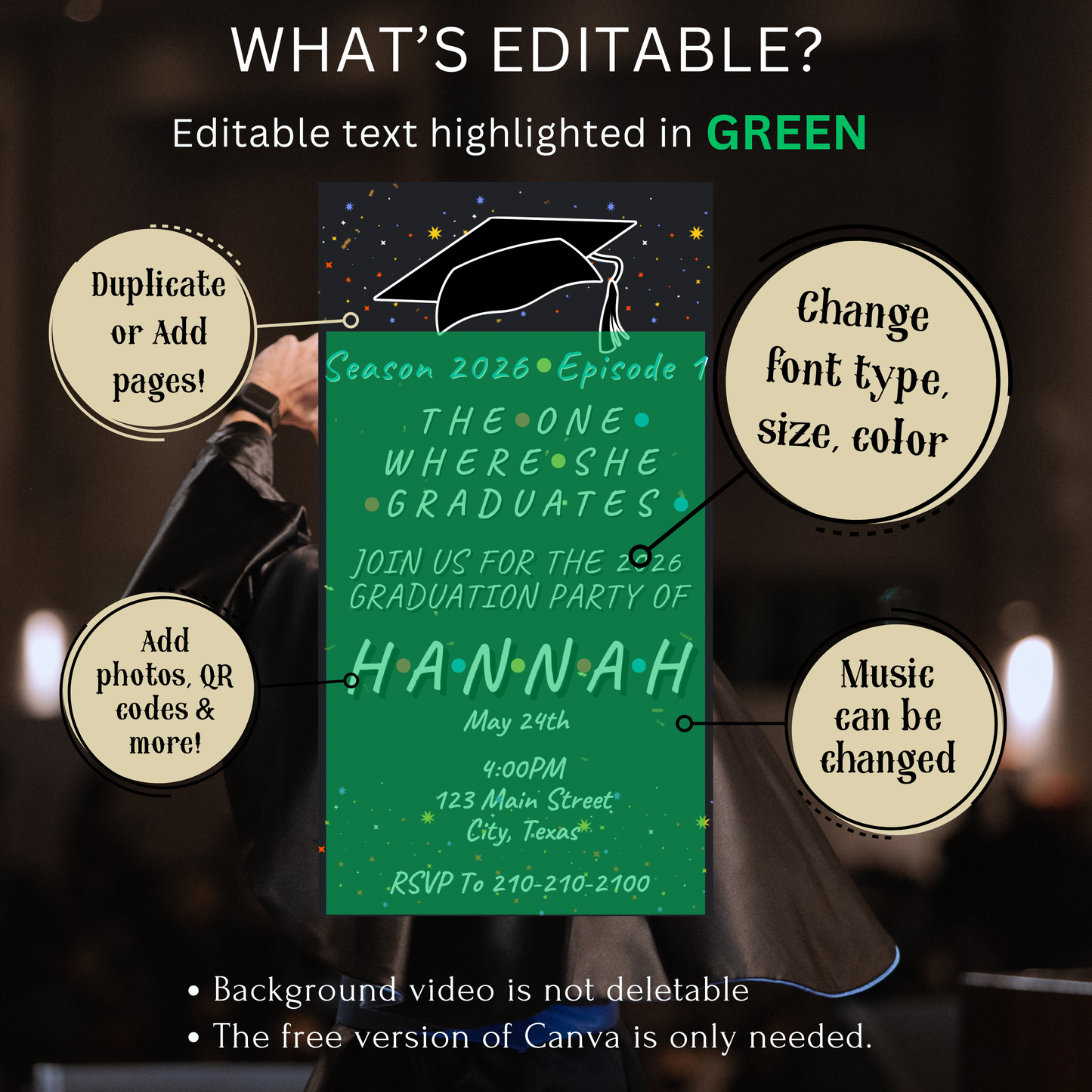 Friends Graduation Party Video Invitation | Digital Graduation Announcement Invite | Editable Canva Evite Template