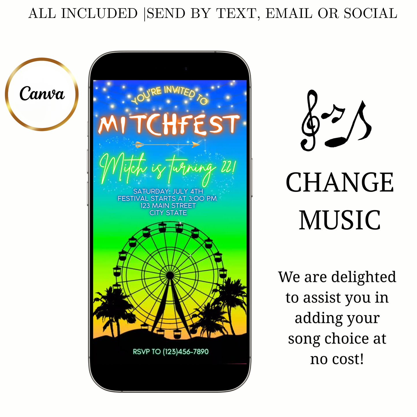 Music Festival Video Invite | Coachella Editable Evite | Animated Ferris Wheel Template