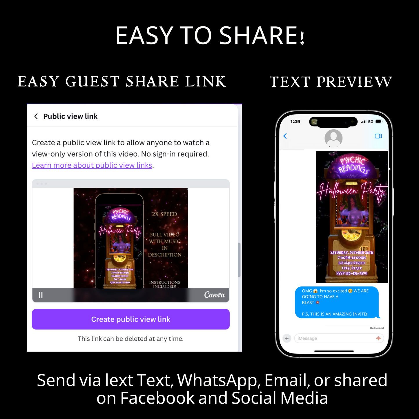 Halloween-Videoeinladung, animierte Einladung mit Wahrsager-Motiv, bearbeitbare mobile Einladung zur Halloween-Party