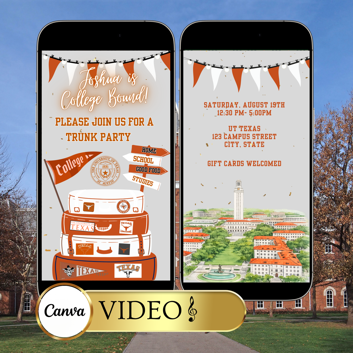 UT College Sendoff Video Invitation | Editable Trunk Party Invite | Editable Canva Template
