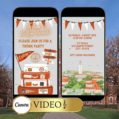 UT College Sendoff Video Invitation | Editable Trunk Party Invite | Editable Canva Template