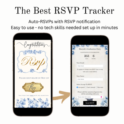 Einladung zur Abschlussfeier 2026 | Canva-Vorlage für Antwortmöglichkeit mit Musik | Blaues Blumenmuster für sie