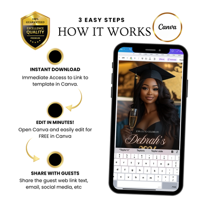 Black and Gold Graduation Party Video Invitation | Digital Glam Graduation Invite | Editable Online RSVP Evite Canva Template