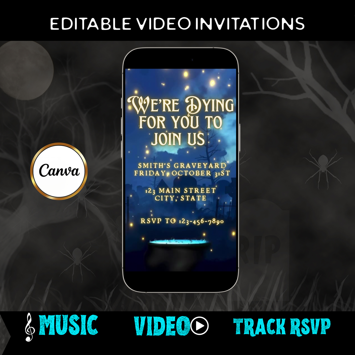 Halloween Video Invitation, Magical Spells Animated Invite, Editable Halloween Party Mobile Evite