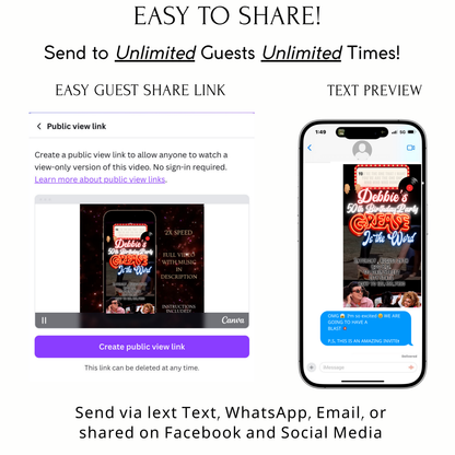 Grease Video Invitation | Digital Rockabilly 1950s Invitation | Editable Canva Evite Template