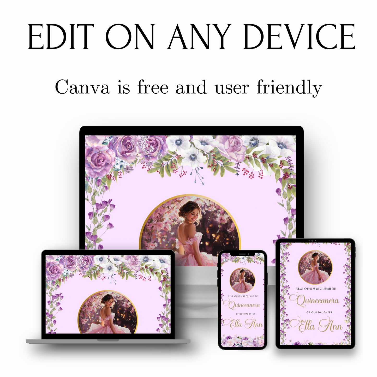 Lilac Quinceañera Video Invitation | Digital Princess Sweet 15 16 Animated Invite | Editable Canva Template