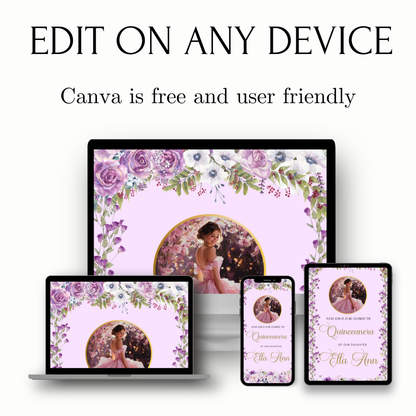 Lilac Quinceañera Video Invitation | Digital Princess Sweet 15 16 Animated Invite | Editable Canva Template