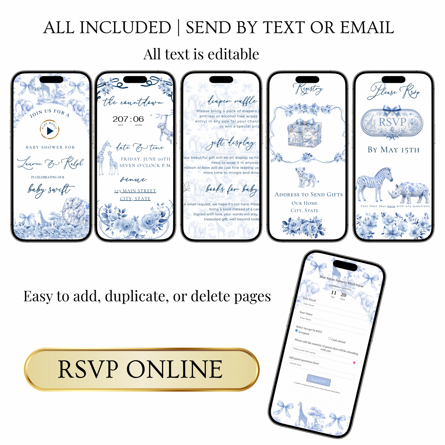 Toile de Jouy Safari Baby Shower Website Invitation Template | Editable Canva RSVP Website