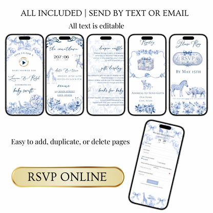 Toile de Jouy Safari Baby Shower Website Invitation Template | Editable Canva RSVP Website