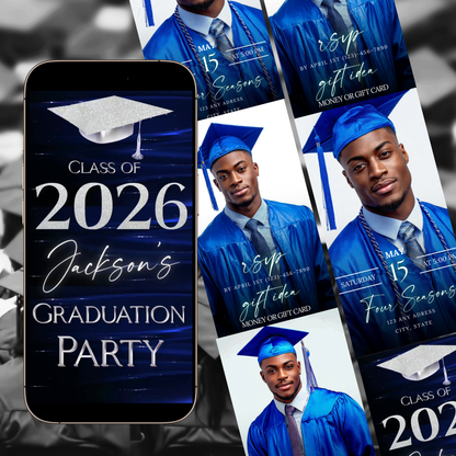Graduation Party Video Invitation | Class of 2026 Royal Blue and Silver Invite for Him | Editable Online RSVP Evite Canva Template
