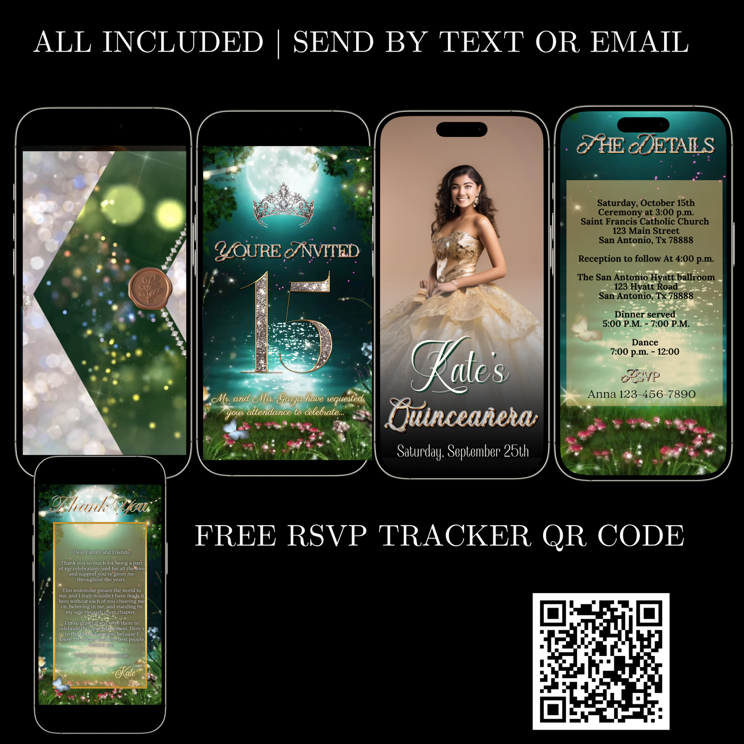 Quinceañera Video Invitation | Enchanted Forest Video Invite | Green Sweet 16 Evite | Editable Canva Template