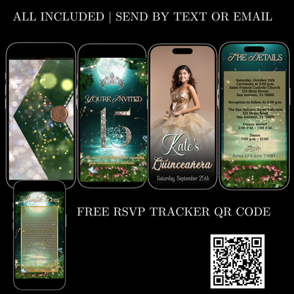 Quinceañera Video Invitation | Enchanted Forest Video Invite | Green Sweet 16 Evite | Editable Canva Template